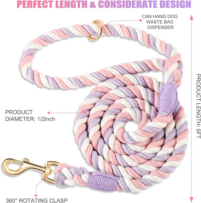 Dog Leash 5 FT Handmade Braided Cotton Rope Leashes for Small Medium and Large Dogs, New Golden Heavy Duty Metal Clasp, Unicorn Purple