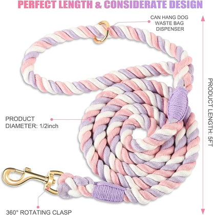 Dog Leash 5 FT Handmade Braided Cotton Rope Leashes for Small Medium and Large Dogs, New Golden Heavy Duty Metal Clasp, Unicorn Purple