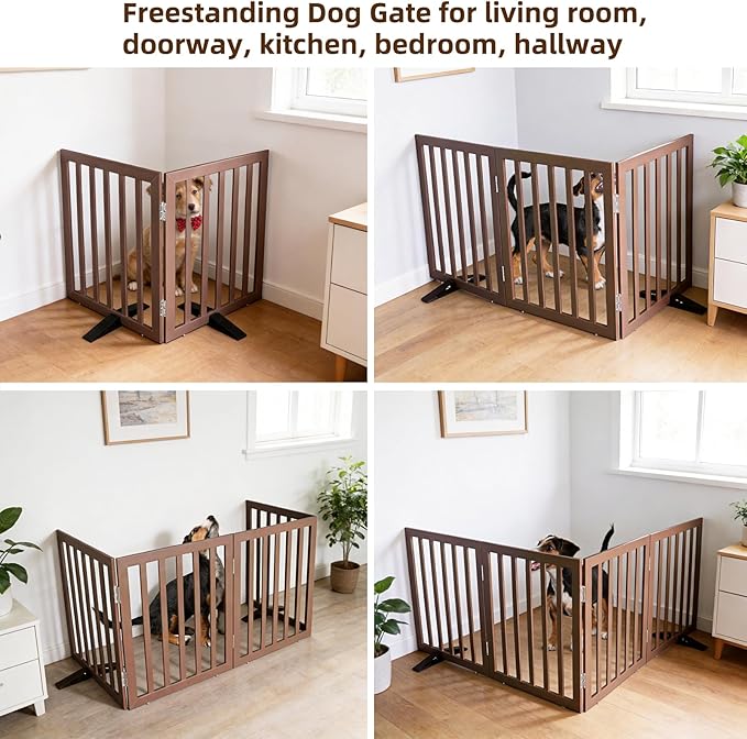 ZJSF Freestanding Indoor Dog Gate for House Foldable Wood Puppy Gate for Doorways Pet Gate for Stairs Extra Wide Pet Fence, Brown, 24" Height 2 Panels