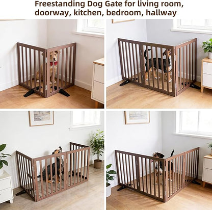 ZJSF Freestanding Indoor Dog Gate for House Foldable Wood Puppy Gate for Doorways Pet Gate for Stairs Extra Wide Pet Fence, Brown, 32" Height 2 Panels