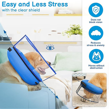 BARKLESS Donut Cone for Large Dogs, Protective Collar After Surgery to Stop Licking, Patented Blow up Dog Surgery Collar with Transparent Shield, Inflatable Pillow Cone for Labrador, Rottweiler