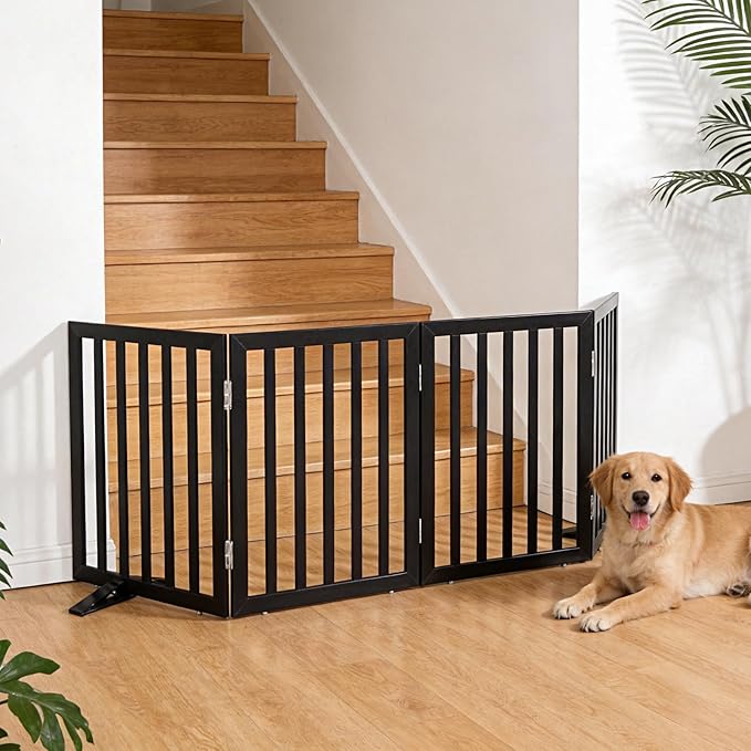 ZJSF Freestanding Indoor Dog Gate for House Foldable Wood Puppy Gate for Doorways Pet Gate for Stairs Extra Wide Pet Fence, Black, 24" Height 4 Panels
