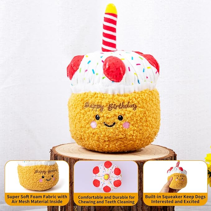 DODODOLA Stuffed Dog Toys Durable Plush Dog Toy with Crinkle Paper Cute Elephant Squeaky Dog Toys Dog Chew Toys for Medium Large Breed (Yellow Birthday Cake)