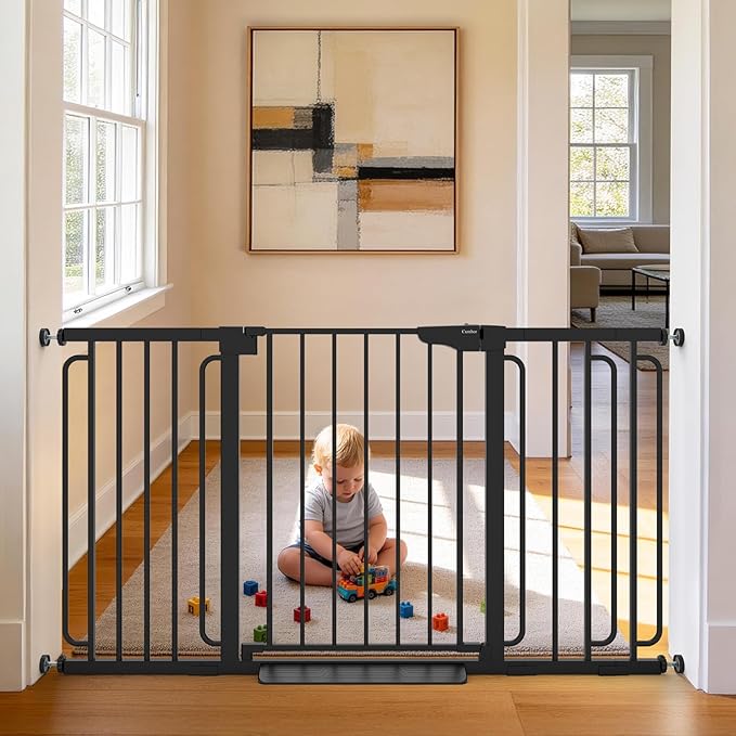 Cumbor 30.4-56.8" Extra Wide Baby Gate for Stairs, Dual Lock & Self-Closing Dog Gate Indoor, Easy Install Pet Gate for Doorways & Wide Openings, Easy Walk Thru Safety Proofing for Babies & Pets, Black