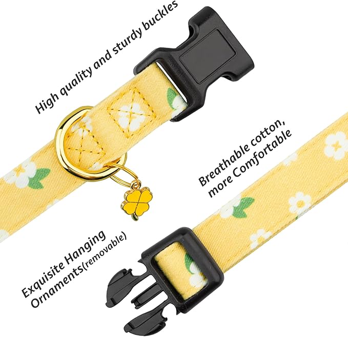 Cotton Handmade Dog Collar Cute and Distinctive Patterns Yellow Flower with Pendant for Girl Boy Dogs Collars L