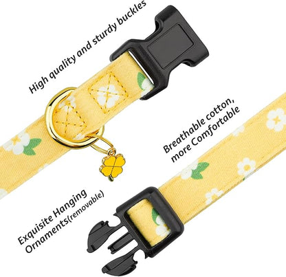 Cotton Handmade Dog Collar Cute and Distinctive Patterns Yellow Flower with Pendant for Girl Boy Dogs Collars L