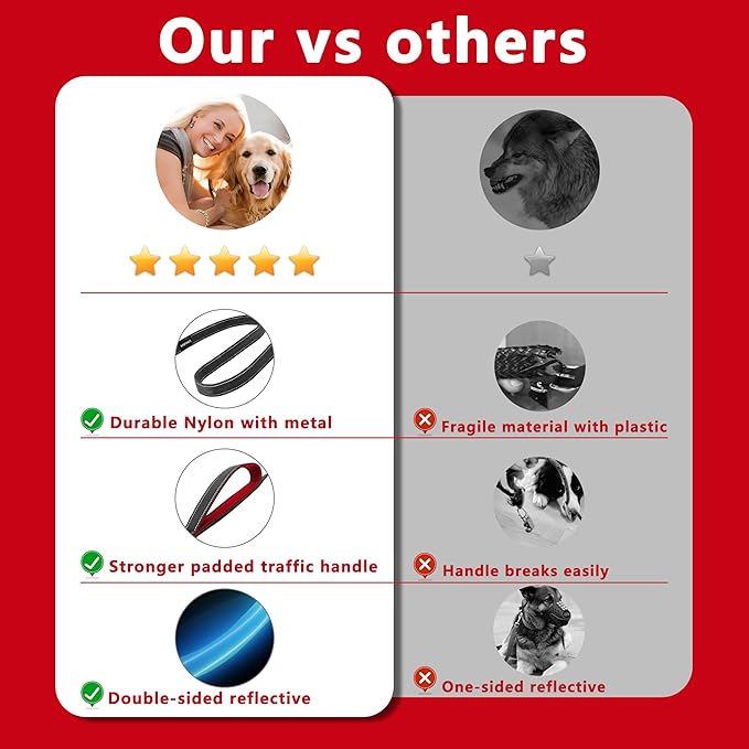 Dog Leash 6.5ft Long, Double Handle Dog Leash for Safety Control Training, Heavy Duty Dog Leads with Traffic Padded Handles, Reflective Leashes for Small Medium Large Dogs(6.5ft, Black Red)