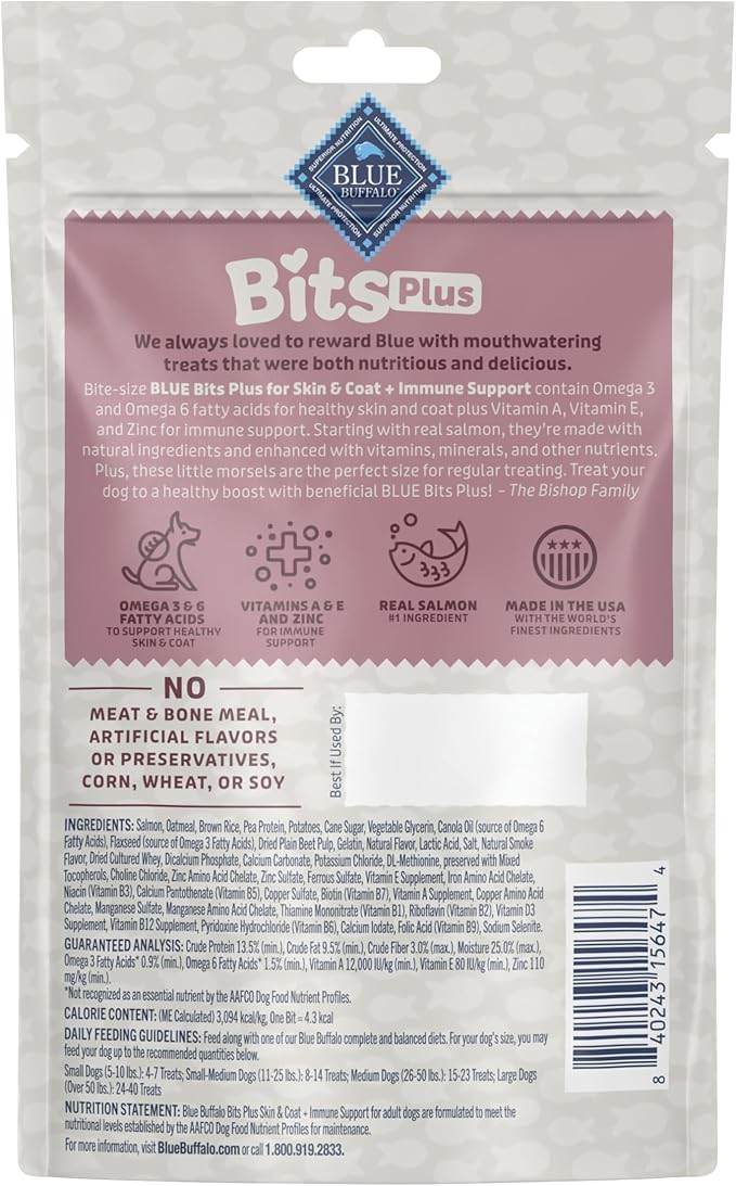 Blue Buffalo Blue Bits Plus Skin & Coat and Immune Support Daily Benefit Dog Treats, Soft & Chewy Salmon Morsels, 3.5-oz. Bag (Pack of 2)