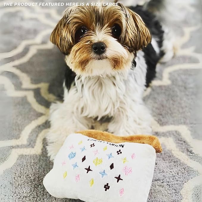Haute Diggity Dog Chewy Vuiton Handbag Plush Squeaky Dog Toy, Soft Durable Designer-Inspired Stuffed Puppy Chew Toys for Small & Medium Dogs, Machine-Washable (White) Large