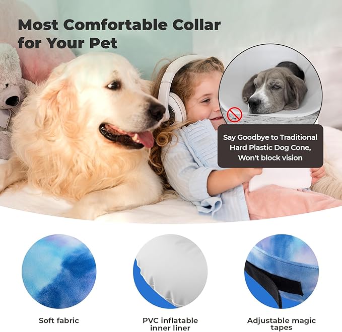 Dog Cone, Uadonile Inflatable Cone Collar for Dogs and Cats, Dog Neck Collar Recovery E-Collar Alternative After Surgery, Elizabethan Collar for Dogs Recovery(Tie-dye Purple Blue, S)