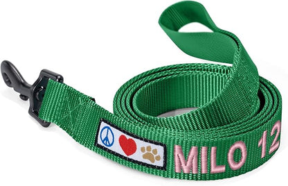 Pawtitas Personalized 6 ft Lush Green Dog Leash XXS/Cat Custom Name and Phone Embroidery Strong Nylon Leash for Small Breeds