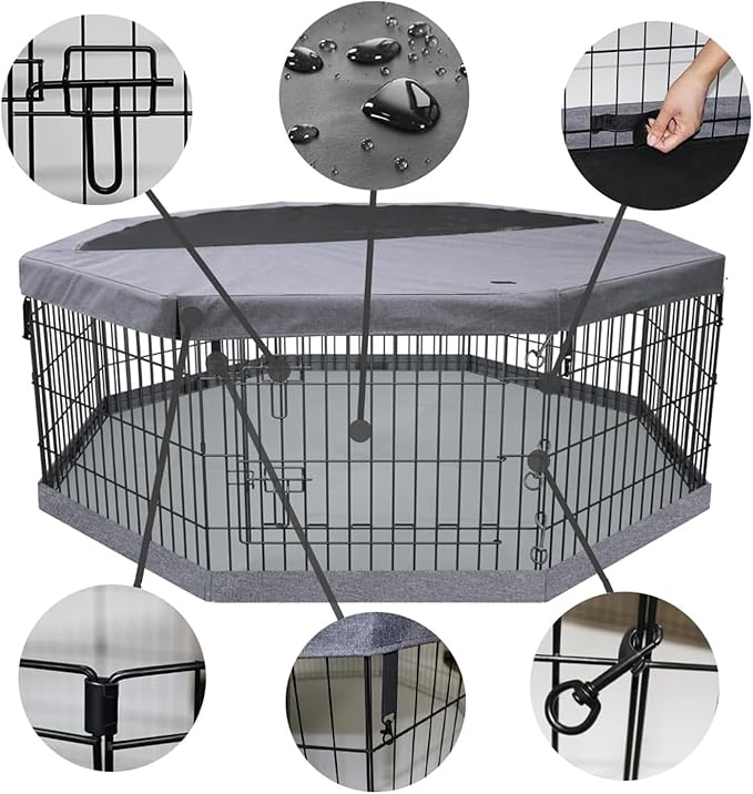 PETIME Foldable Metal Dog Exercise Pen/Pet Puppy Playpen Kennels Yard Fence Indoor/Outdoor 8 Panel 24" W with Top Cover and Bottom Pad (Playpen+Bottom+Top Cover, 8 Panels 30" H)