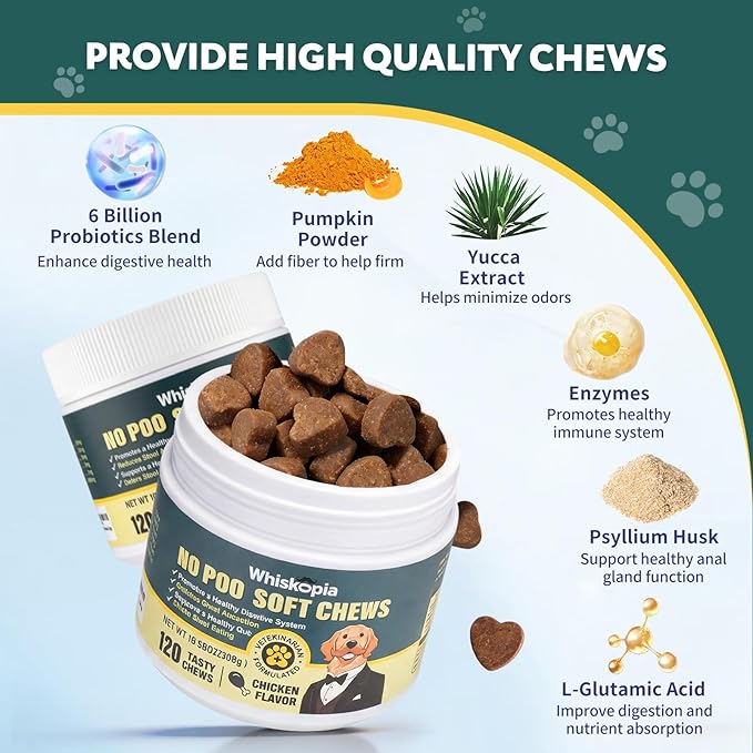 No Poo Chews Coprophagia Deterrent for Dogs, No Poop Eating Deterrent for Dog Provent Stop Dog from Eating Poop Supplement with Digestive Enzymes and Probiotics - 120 Ct
