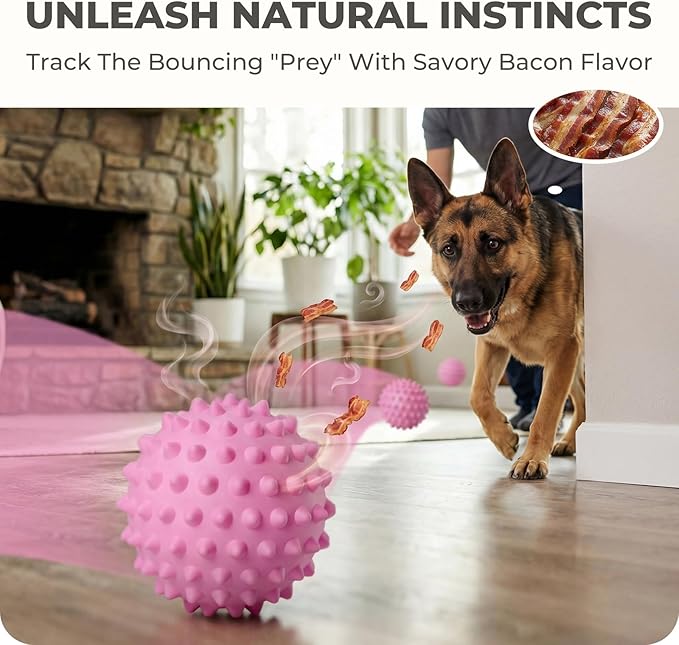 Apasiri Interactive Dog Toys for Large & Medium Dogs: 3.5" Bacon Flavored Squeaky Balls for Dogs, Tough Durable Spiky Rubber Bouncy Dog Toys Balls, Floating Outdoor Fetch Dog Toy, Pink Dog Balls Gifts