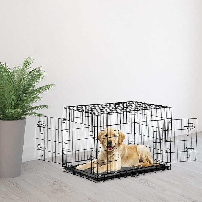 42 Inch Large Dog Crate Dog Kennel Pet Cage Metal Wire Crates Pet Cages Double-Door Folding Kennels with Handle Leak-Proof Pan Tray,Black