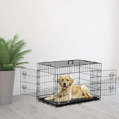 42 Inch Large Dog Crate Dog Kennel Pet Cage Metal Wire Crates Pet Cages Double-Door Folding Kennels with Handle Leak-Proof Pan Tray,Black