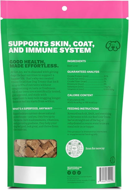 Get Joy Freeze Dried 100% Beef Liver Dog Treats, 4oz | Single Ingredient Organ Meat, High Protein Raw Dog Food Topper, Snack & Training Rewards | Grain Free, Gluten Free, Filler Free