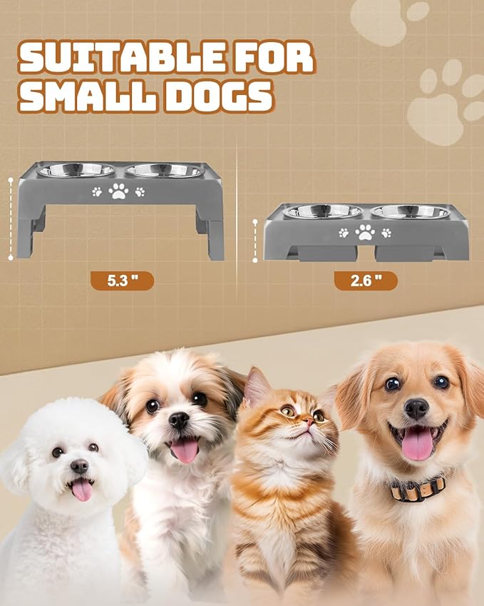 Jovrun Elevated Dog Bowls for Small Dogs and Cats, Non-Slip Cat Bowls with 2 Thick 5.5" Stainless Steel Dishes, Dog Feeder 2 Heights Adjustable to 2.6"-5.3"