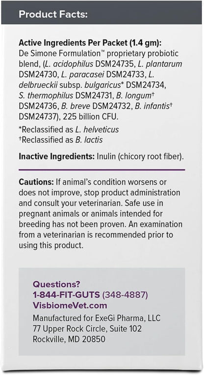Visbiome® Vet Advanced GI Care High Potency Probiotic for Dogs & Cats – 225B CFU, 8-Strain Formula – Refrigerated, Veterinarian Recommended, Clean Label Certified – 60 Packets