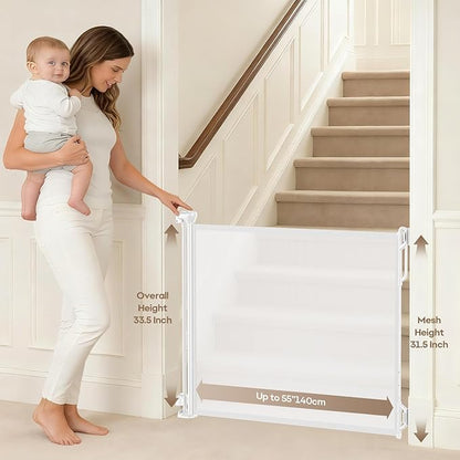 Spaceany Retractable Safety Baby Gate or Mesh Dog Gate,Durable Portable Mesh Retractable Gate,Easy to Use for Stairs, Doorways, Hallways, Indoor, Outdoor, 33.5" Tall, Extends to 55" Wide,White