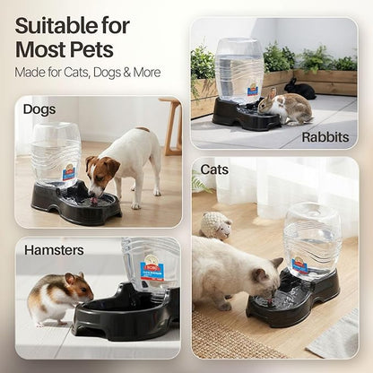 Flexzion Automatic Gravity Pet Waterer for Cat & Dog - Non-Skid & Easy-Clean Auto Replenish Water Dispenser Drinking Bowl (3/8 Gallon / 1.5L), Black