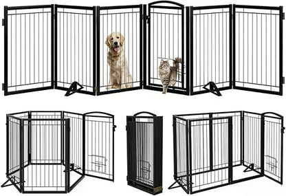 Metal Free Standing Dog Gate with Cat Door for Indoor/Outdoor,120" Extra Wide Foldable Pet Gate,32" Tall Foldable Indoor Dog Fence for Large Openings Stairs,Deck,Yard,Doorways(6 Panels,Black)