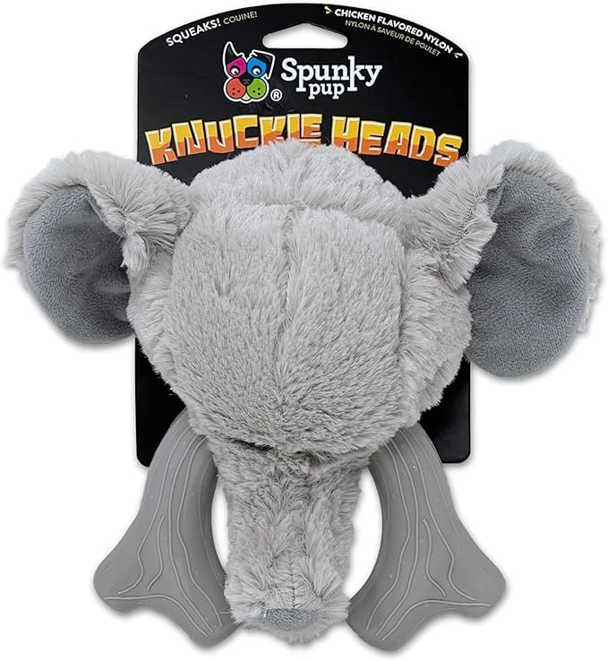 Spunky pup Knucklehead Durable Dog Toy - 2-in-1 Plush & Chew Toy for Aggressive Chewers, Chicken-Flavored Dental Chew, Durable Double-Stitched Squeaker- Elephant