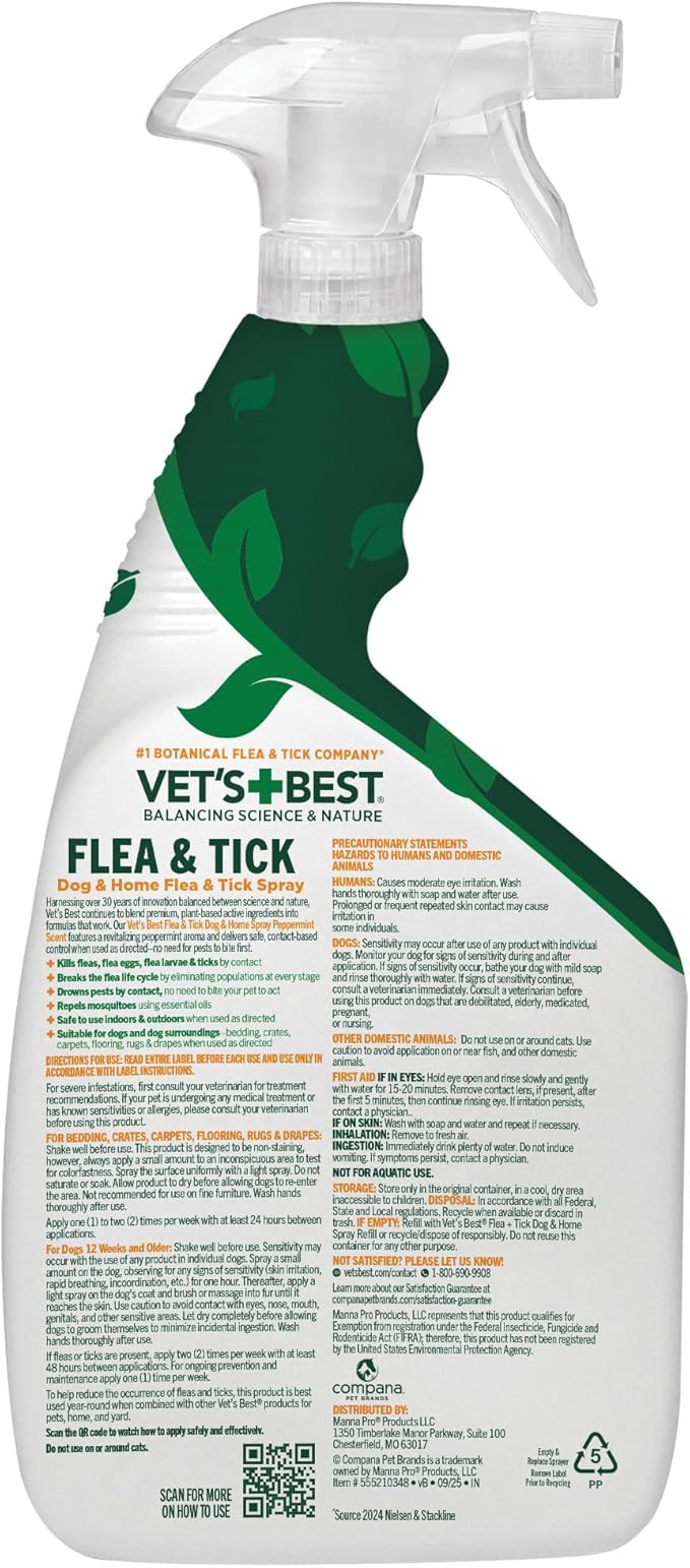 Vet’s Best Flea and Tick Home Spray – Plant-Based Flea and Tick Treatment for Dogs and Indoor Use – Natural Spray with Essential Oils for Flea Control in Home – 32 oz Bottles, 2 Pack