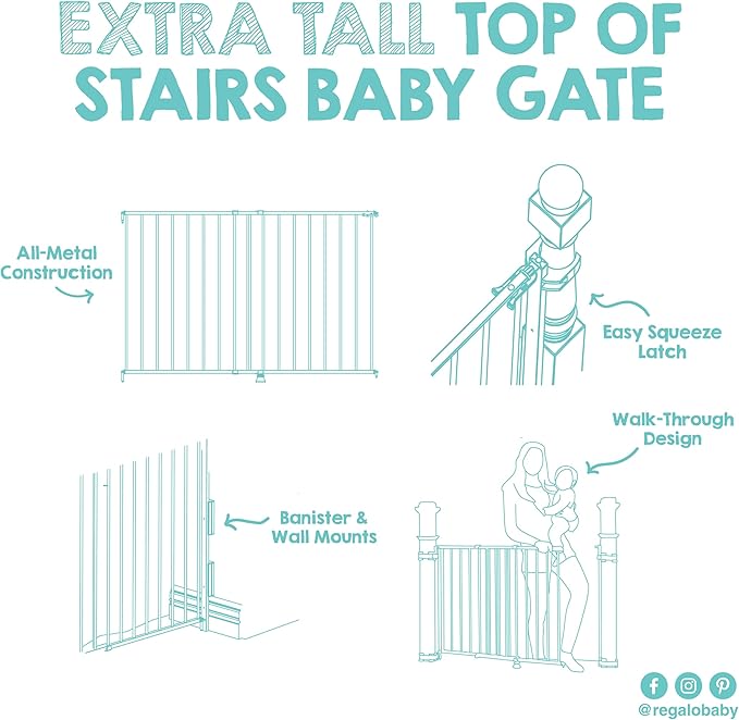 Regalo Safety 35" Extra Tall Baby Gate for Stairs, Wall Mounted 2-in-1 Wide Stair Gate for Babies, Toddlers, & Pets, Includes Banister and Wall Mounting Kit, White