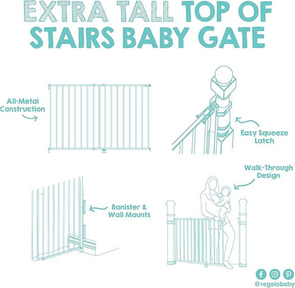 Regalo Safety 35" Extra Tall Baby Gate for Stairs, Wall Mounted 2-in-1 Wide Stair Gate for Babies, Toddlers, & Pets, Includes Banister and Wall Mounting Kit, White