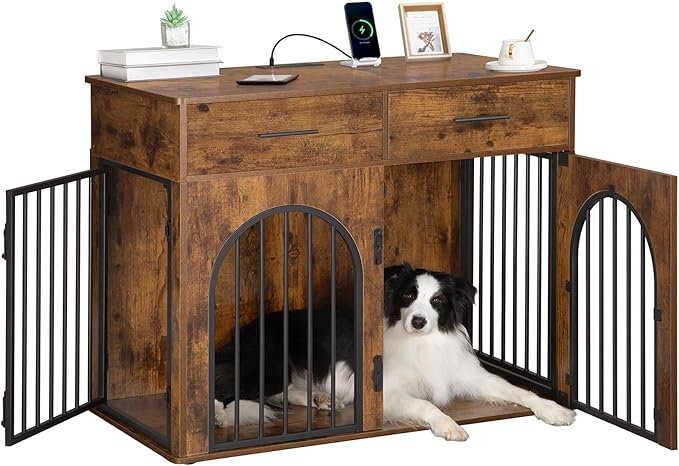 Hzuaneri 39.4'' Dog Crate Furniture with 2 Drawers, Indoor Dog Kennel with Charging Station, Wooden Dog Cage Side End Table Kennel for Medium/Large Dogs, Rustic Brown DFC84201B