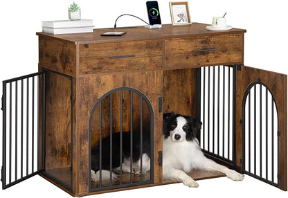Hzuaneri 39.4'' Dog Crate Furniture with 2 Drawers, Indoor Dog Kennel with Charging Station, Wooden Dog Cage Side End Table Kennel for Medium/Large Dogs, Rustic Brown DFC84201B