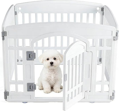 Sweetcrispy Plastic Dog Playpen - 4-Panel 24" Expandable & Durable Pet Fence for Medium Dogs - Indoor & Outdoor Portable Puppy Playpen with Secure Locking Door - Morden White