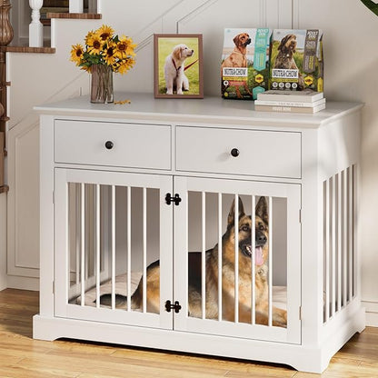 PUKAMI 44inch Large Dog Crate Furniture with Drawers, Wooden Dog Kennel Furniture for Indoor use, White End Table Dog House, for Small/Medium/Large Dog