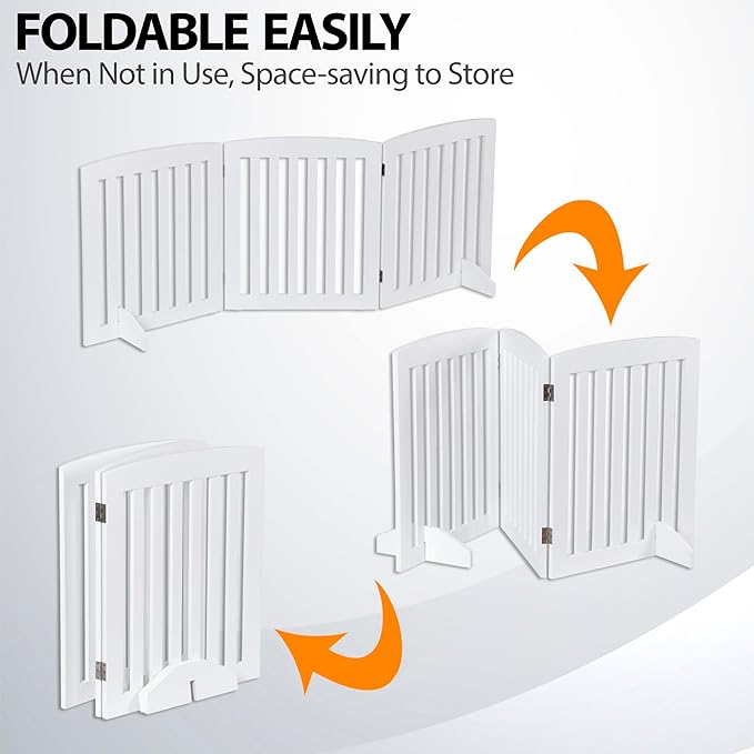 Dog Gate 61 x 24 Inch Freestanding Indoor Pet Door for House Doorways Stairs Halls, Foldable Wood Safety Fence 3 Panels, White