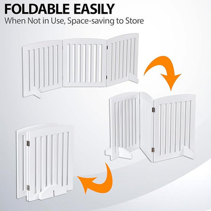 Dog Gate 61 x 24 Inch Freestanding Indoor Pet Door for House Doorways Stairs Halls, Foldable Wood Safety Fence 3 Panels, White