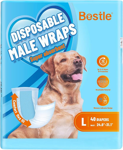Bestle Male Dog Wrap, Disposable Dog Diapers, 40 Count, L (Waist 23.6”-31.5”), Wetness Indicator, Ultra Protection, Leak Proof, Super Absorbent, Soft