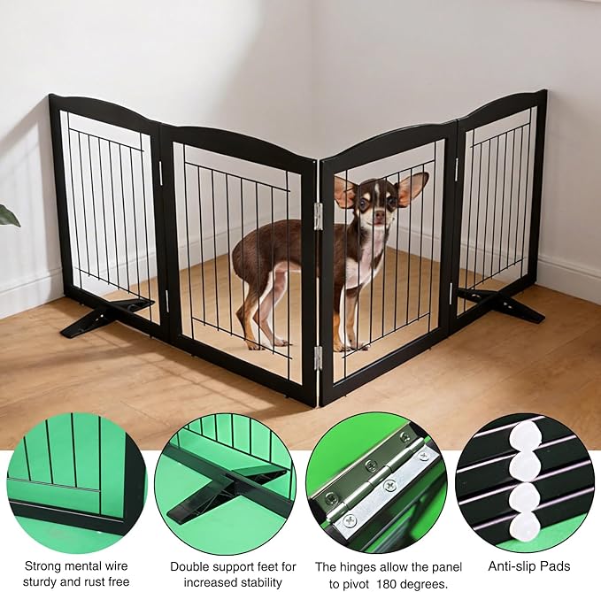 ZJSF Freestanding Dog Fence Indoor, Foldable Dog Gate for Doorways, Stairs or Hallways, Sturdy Wood Extra Wide Pet Gate with Support Feet for The House, Black, 24 "Height-4 Panels