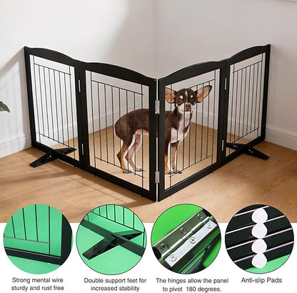 ZJSF Freestanding Dog Fence Indoor, Foldable Dog Gate for Doorways, Stairs or Hallways, Sturdy Wood Extra Wide Pet Gate with Support Feet for The House, Black, 24 "Height-4 Panels
