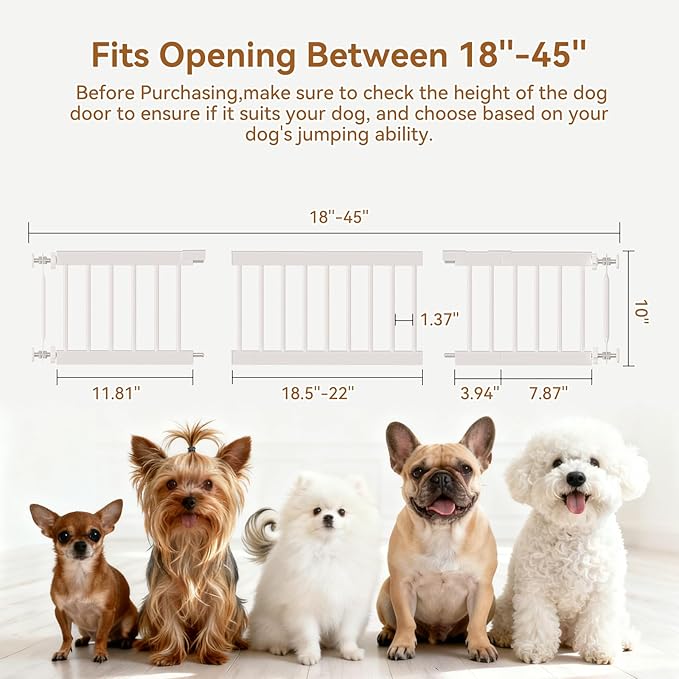 Fldofaves Dog Gate - 18"-45" Adjustable Extra Wide Metal Baby Gate to Step Over, 10" Tall Small Pet Gate with 3 Extension Kits, Pressure Mounted for Doorways & Stairs