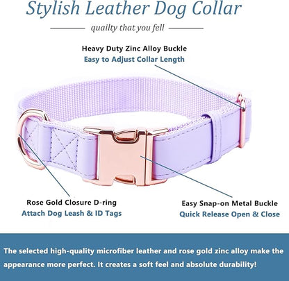 Dog Collar and Leash Set.Soft and Easy to Clean Vegan Leather with Rose Gold Metal Buckle for Small Medium Large Dogs (Light Purple, S(12.2"-16.9"))
