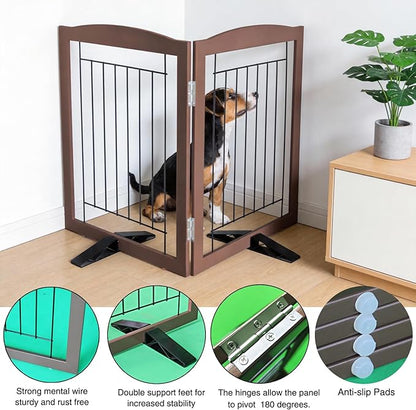 ZJSF Freestanding Dog Fence Indoor, Foldable Dog Gate for Doorways, Stairs or Hallways, Sturdy Wood Extra Wide Pet Gate with Support Feet for The House, Brown, 24 "Height-2 Panels