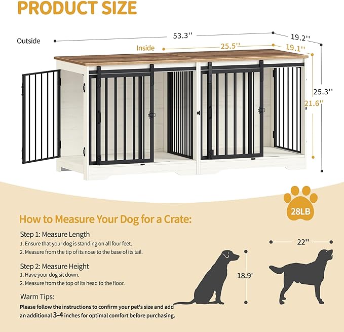 Hzuaneri 54" Dog Crate Furniture for 2 Dogs, Double Dog Cage with Divider, Wooden Heavy Duty Dogs Kennel, Pet Cage with Barn Door, TV Stand for Large Small Medium Pet, White Brown DFC88314B