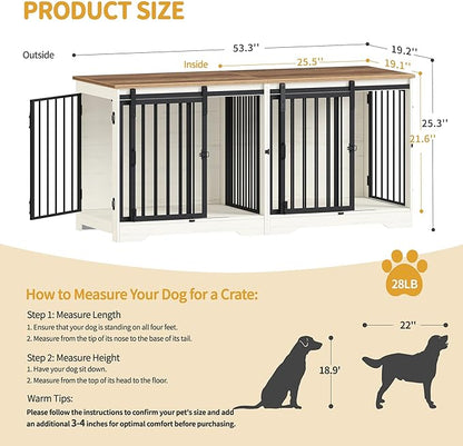 Hzuaneri 54" Dog Crate Furniture for 2 Dogs, Double Dog Cage with Divider, Wooden Heavy Duty Dogs Kennel, Pet Cage with Barn Door, TV Stand for Large Small Medium Pet, White Brown DFC88314B