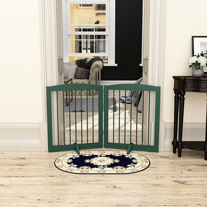 PUPETPO Freestanding Pet Gate for Dogs, Foldable Wooden Dog Gate for House, Stairs, Doorways, Step Over Pet Puppy Safety Fence,Support Feet Included,24" Height 2 Panels, Green