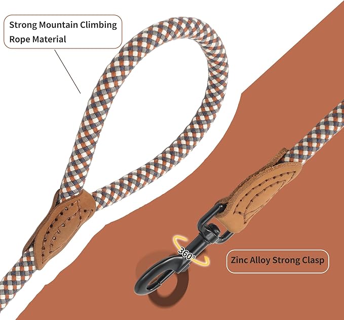 Mile High Life Rope Leash with Genuine Leather Connection, 6 FT/5 FT/4 FT, Heavy Duty Leash for Medium & Large Dogs (Brown, 60 Inch)