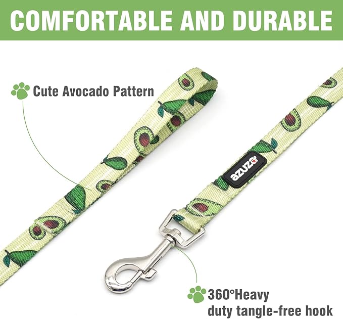 azuza Dog Collar and Leash Set, Fun Avocado Patterns on Nylon Collar and Matching Leash, Large Dog Collar for Medium Dogs