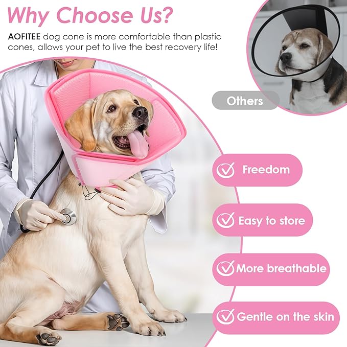 AOFITEE Soft Dog Cone Collar, Adjustable Dog Cone for Dogs to Stop Licking, Dog Cones for Small Medium Large Dogs, Breathable Elizabethan Collar Wound Healing After Surgery(Pink,S)