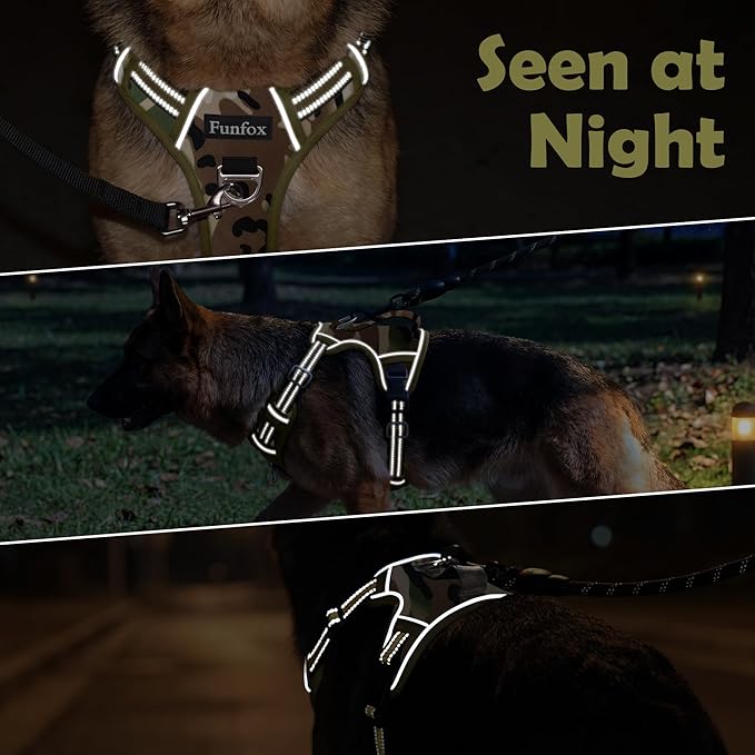 Funfox Dog Harness No Pull, Adjustable Pet Vest Harness, Super Soft Material with Vertical Handle Easy Control, Reflective Night Walking, 2 Leash Clips for Large Dogs, Camo Green, L