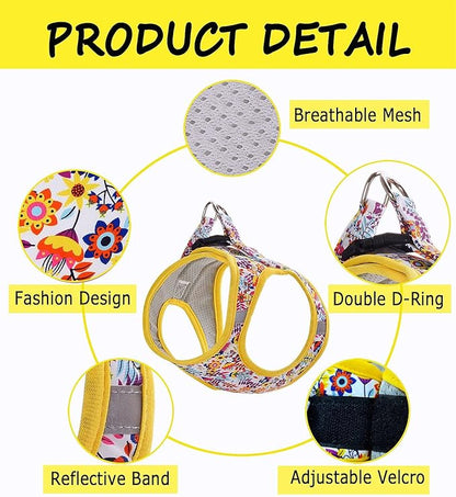 Moonpet Step in Dog Harness Leash Set- All Weather Reflective No-Pull Floral Pattern Padded Mesh Vest Harness for Cats Puppy Extra-Small Small Medium Large Dogs - White Flower - S